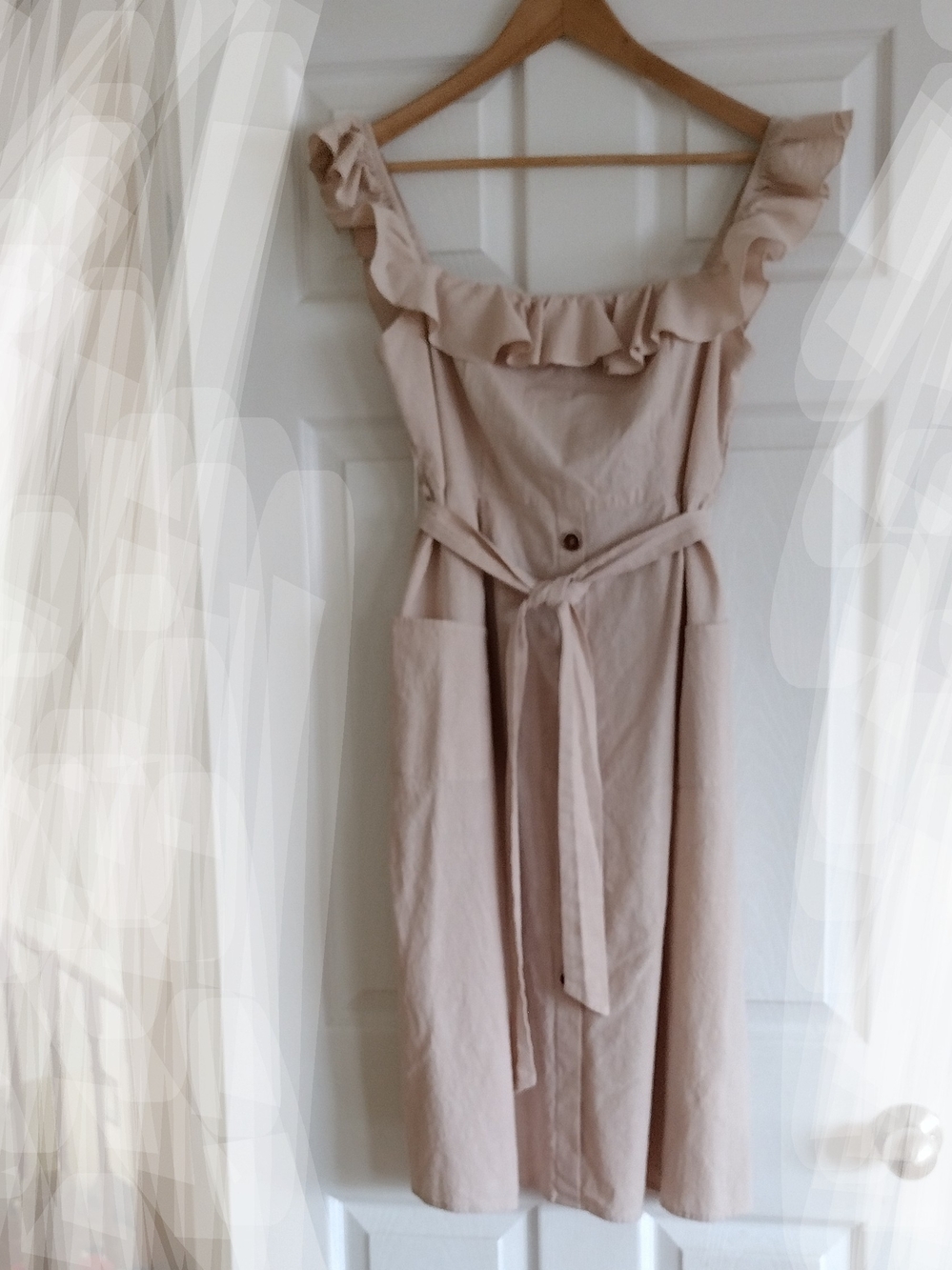 Light Beige Cotton Belted Midi Dress Summer Beach